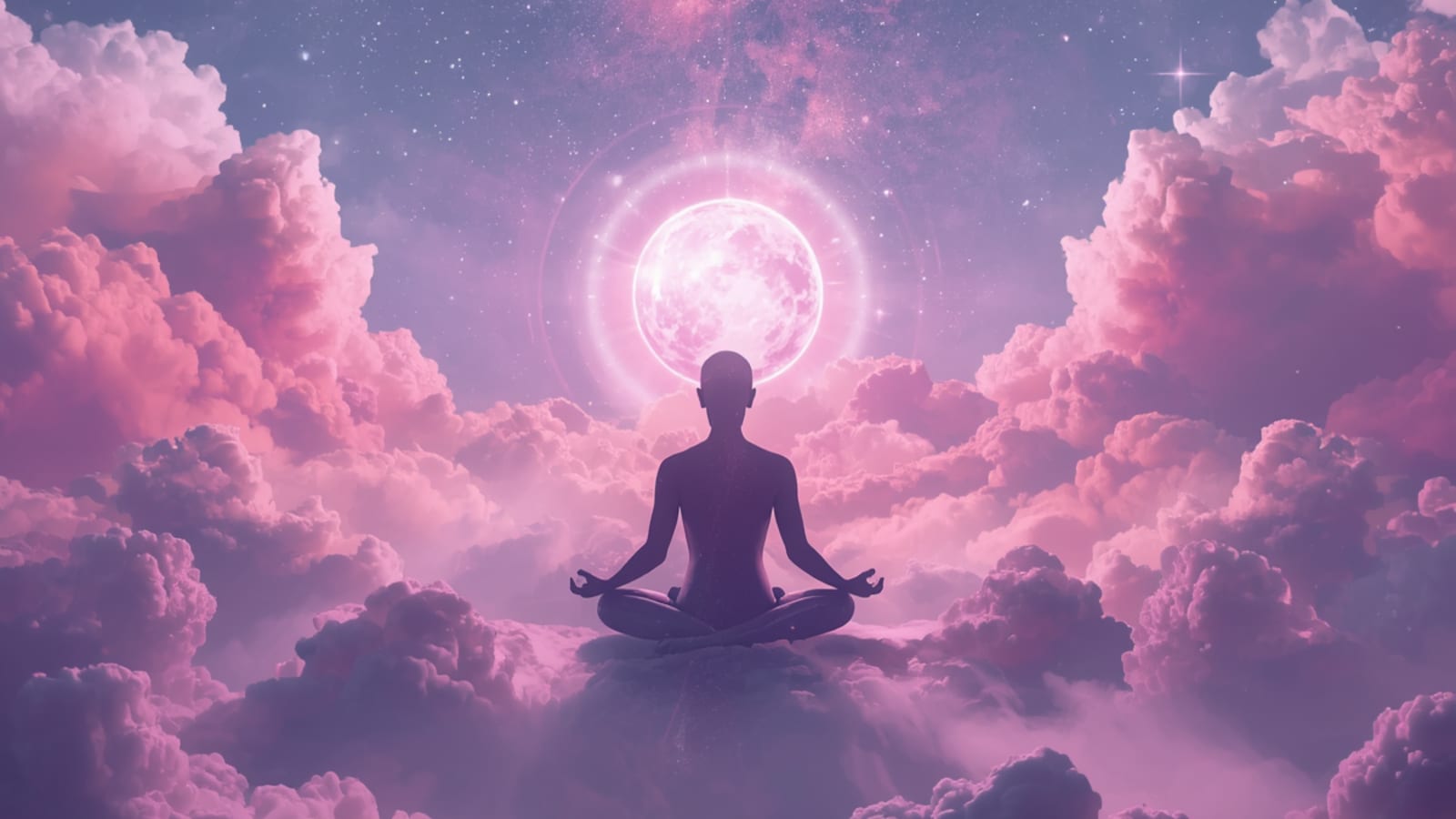 Single person meditating in cosmic ethereal clouds